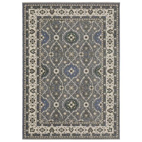 5' X 8' Blue And Gray Oriental Area Rug With Fringe