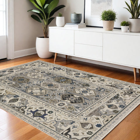 4' X 6' Ivory And Blue Oriental Area Rug With Fringe