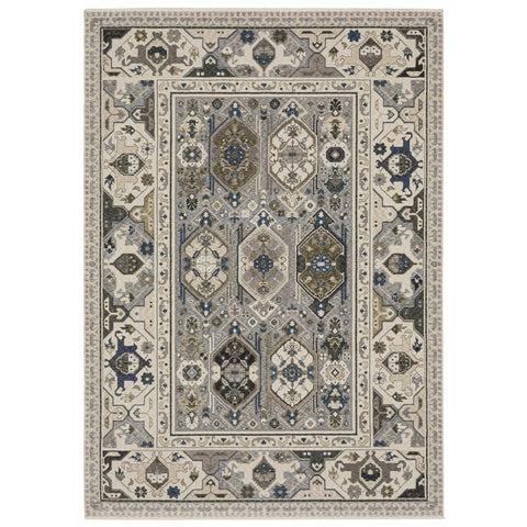 5' X 8' Ivory And Blue Oriental Area Rug With Fringe
