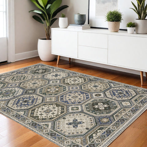 4' X 6' Ivory And Blue Medallion Area Rug With Fringe