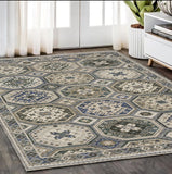 5' X 8' Ivory And Blue Medallion Area Rug With Fringe