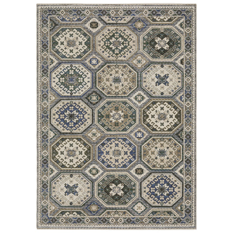 5' X 8' Ivory And Blue Medallion Area Rug With Fringe