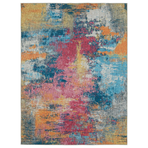 5' X 7' Blue Yellow And Red Abstract Distressed Area Rug