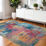 4' X 6' Blue Yellow And Red Abstract Distressed Area Rug
