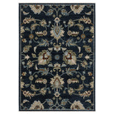 5' X 8' Dark Blue Tan And Green Oriental Area Rug With Fringe