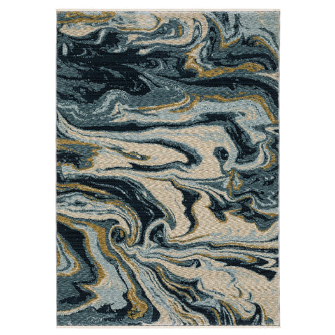 5' X 8' Navy Blue And Teal Abstract Area Rug With Fringe