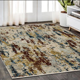 5' X 8' Beige Rust And Light Blue Abstract Distressed Area Rug With Fringe