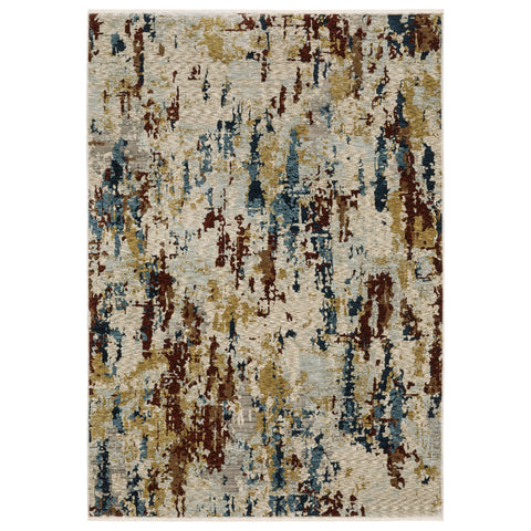 5' X 8' Beige Rust And Light Blue Abstract Distressed Area Rug With Fringe