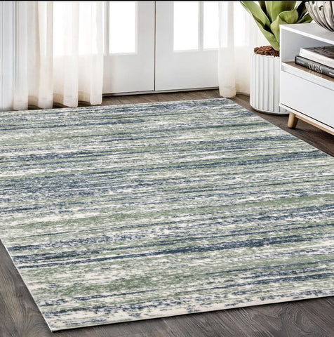 5' X 8' Blue And Green Striped Distressed Area Rug