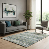 5' X 8' Green And Blue Geometric Distressed Area Rug