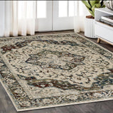 5' X 8' Ivory Brown And Red Medallion Area Rug With Fringe