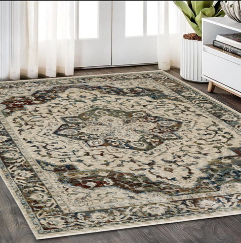5' X 8' Ivory Brown And Red Medallion Area Rug With Fringe