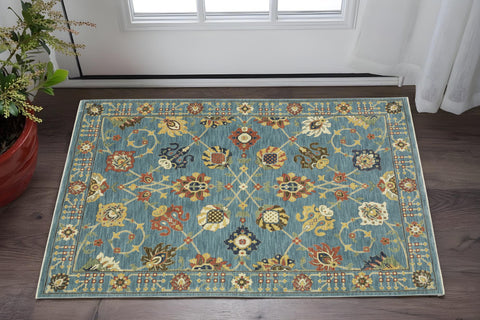2' X 3' Blue Orange And Yellow Oriental Area Rug With Fringe