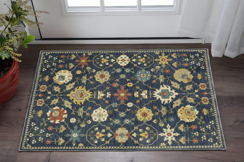 2' X 3' Blue And Gold Oriental Area Rug With Fringe