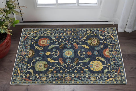 2' X 3' Blue And Gold Oriental Area Rug With Fringe