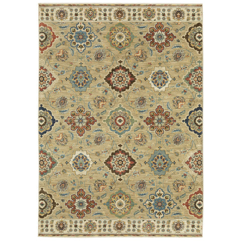 2' X 3' Tan Light Blue And Orange Floral Area Rug With Fringe