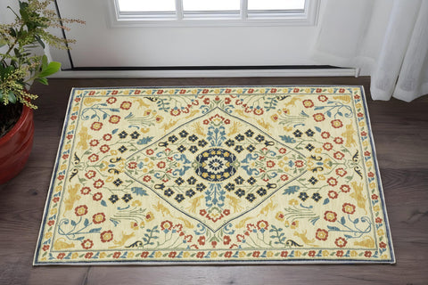 2' X 3' Ivory Orange And Yellow Oriental Area Rug With Fringe