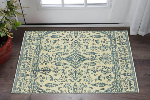 2' X 3' Ivory And Blue Oriental Area Rug With Fringe