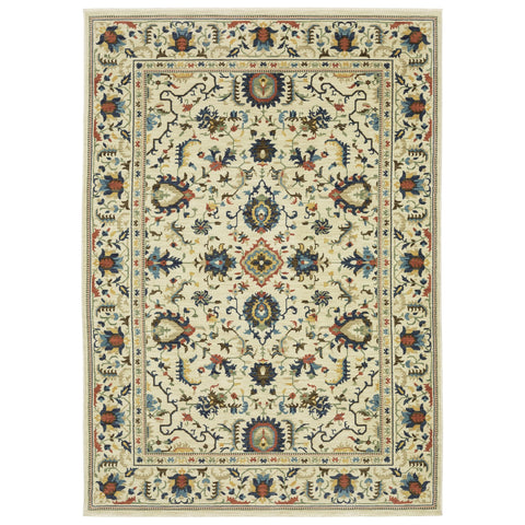 2' X 3' Ivory Blue And Orange Oriental Area Rug With Fringe