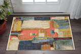 2' X 3' Pink Blue And Yellow Abstract Area Rug With Fringe