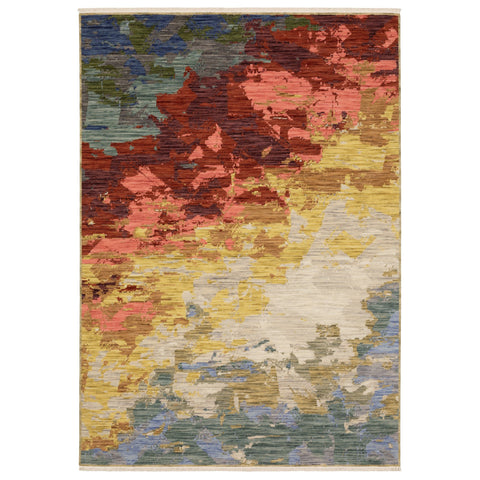 2' X 3' Beige Red And Yellow Abstract Area Rug With Fringe