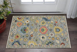 2' X 3' Gray Blue And Yellow Oriental Area Rug With Fringe