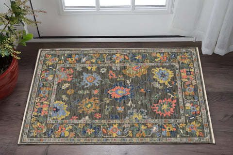 2' X 3' Gray Yellow And Blue Oriental Area Rug With Fringe