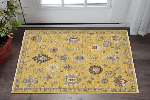 2' X 3' Yellow Ivory And Black Oriental Area Rug With Fringe