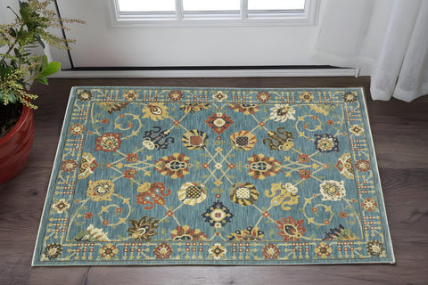 3' X 5' Blue Yellow And Dark Orange Oriental Area Rug With Fringe