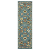 8' Blue Yellow And Dark Orange Oriental Runner Rug With Fringe