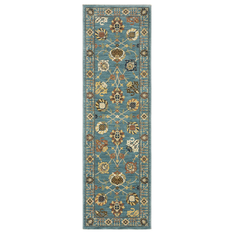 8' Blue Yellow And Dark Orange Oriental Runner Rug With Fringe