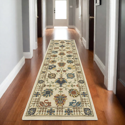 8' Ivory Yellow And Dark Orange Oriental Runner Rug With Fringe