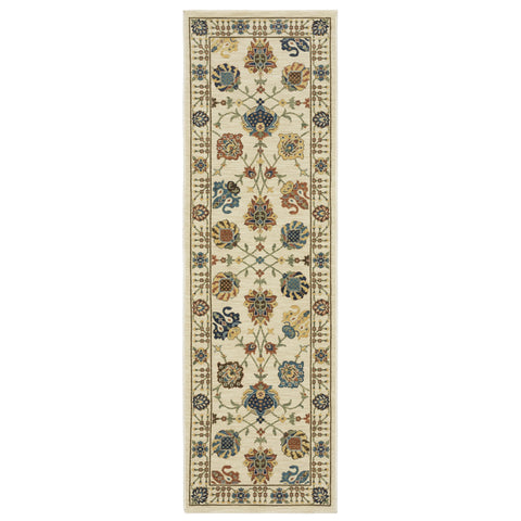 8' Ivory Yellow And Dark Orange Oriental Runner Rug With Fringe