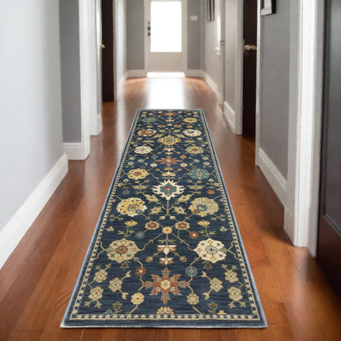8' Blue And Gold Oriental Runner Rug With Fringe