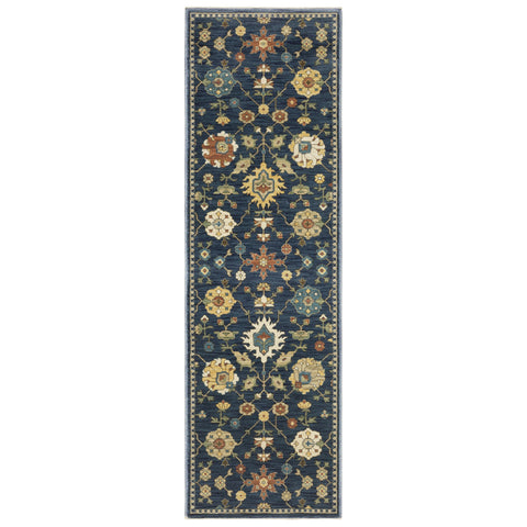 8' Blue And Gold Oriental Runner Rug With Fringe