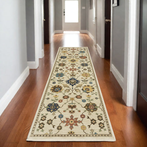8' Ivory And Gold Oriental Runner Rug With Fringe
