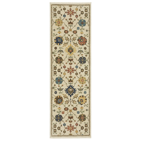 8' Ivory And Gold Oriental Runner Rug With Fringe