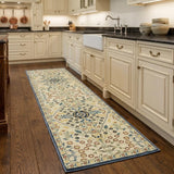 8' Ivory Blue And Burnt Orange Oriental Runner Rug With Fringe