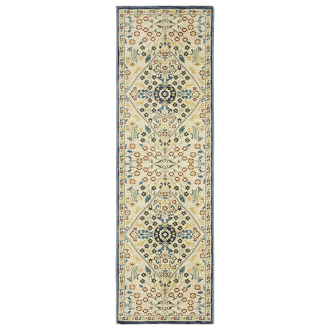 8' Ivory Blue And Burnt Orange Oriental Runner Rug With Fringe