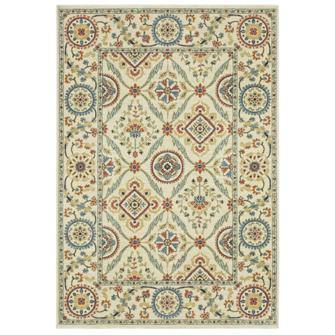 3' X 5' Ivory Blue And Burnt Orange Oriental Area Rug With Fringe