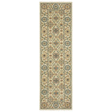 8' Ivory Blue And Burnt Orange Oriental Runner Rug With Fringe
