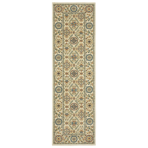 8' Ivory Blue And Burnt Orange Oriental Runner Rug With Fringe