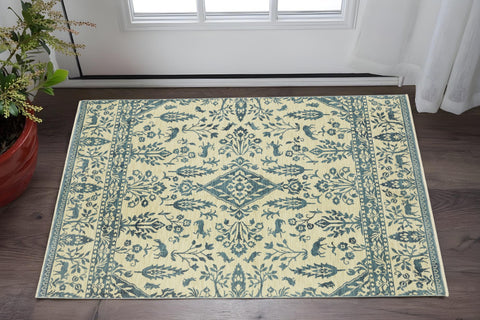 3' X 5' Ivory And Blue Oriental Area Rug With Fringe