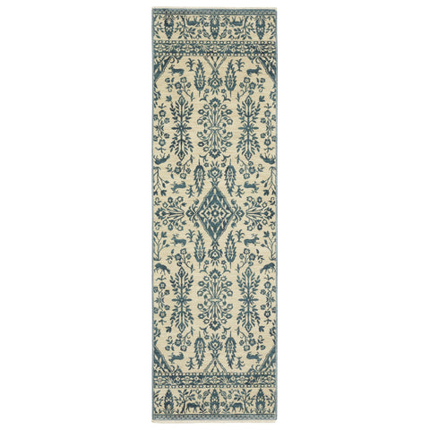 8' Ivory And Blue Oriental Runner Rug With Fringe