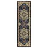 8' Blue Ivory And Gray Oriental Runner Rug With Fringe