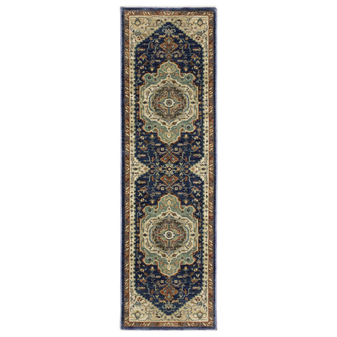 8' Blue Ivory And Gray Oriental Runner Rug With Fringe