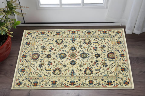 3' X 5' Ivory Blue And Brown Oriental Area Rug With Fringe