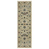 8' Ivory Blue And Brown Oriental Runner Rug With Fringe