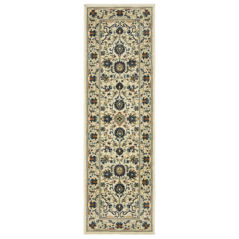 8' Ivory Blue And Brown Oriental Runner Rug With Fringe