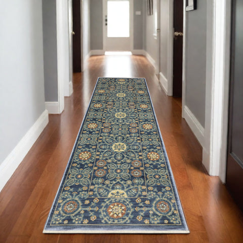 8' Blue And Rust Medallion Runner Rug With Fringe